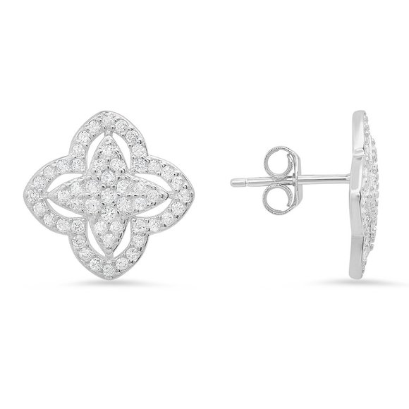 925 Silver/Gold Pave Diamond CZ Floral Stud Earrings - Picture 2 of 5